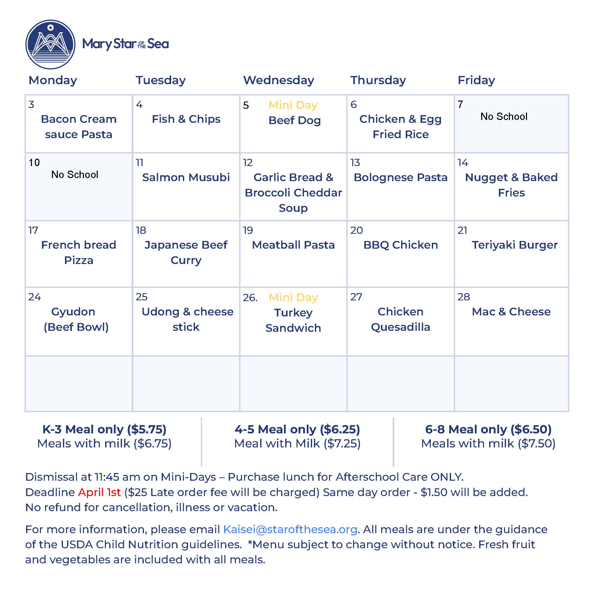 April MSOS - Lunch Order Calendar